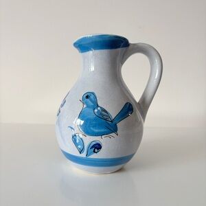 Tonala Mexican Pottery Glaze Pitcher Hand Painted Blue Bird Folk Art Boho
